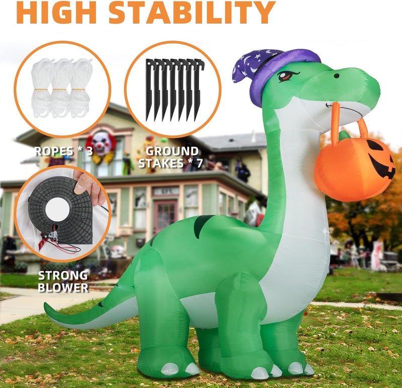 Kendane 10FT Halloween Inflatable Huge Dinosaur Decorations Outdoor, Blow Up Yard Decorations Built-in LED Lights,Halloween Party Decorations with Witch Hat and Pumpkin,for Garden/Lawn. - Image 4